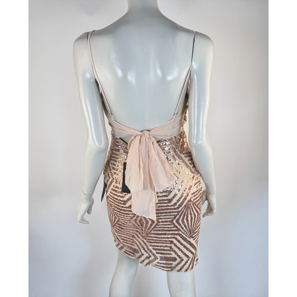 Lulus Rose Gold Sequin Tie Back Mini Dress Women M NWT V-neck Lined Straps